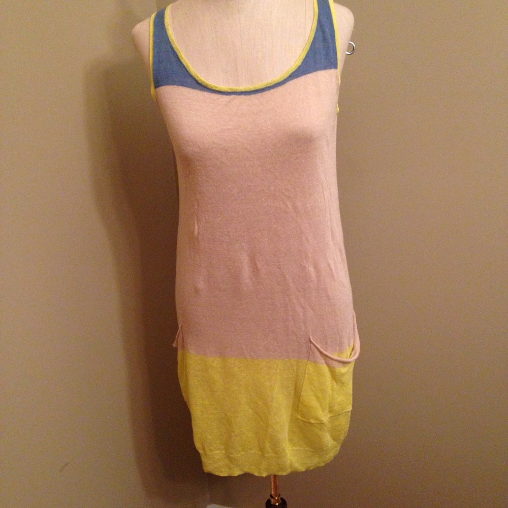 Shae linen yellow blue semi sheer sleeveless color block dress XS